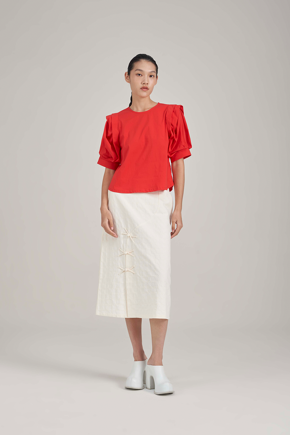 Filldora Crimson Voluminous-Sleeve Pleat Blouse - view 1