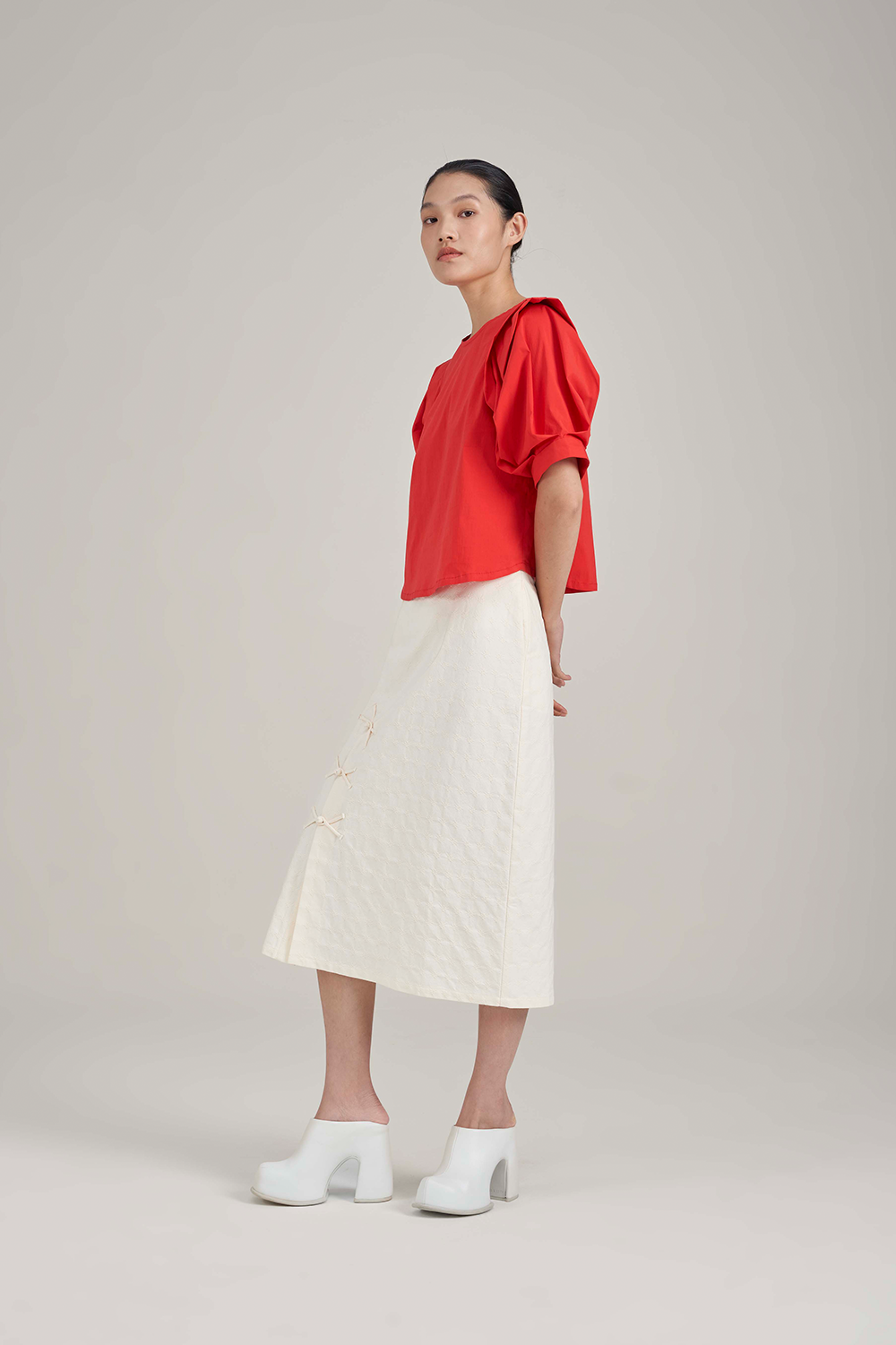 Filldora Crimson Voluminous-Sleeve Pleat Blouse - view 2